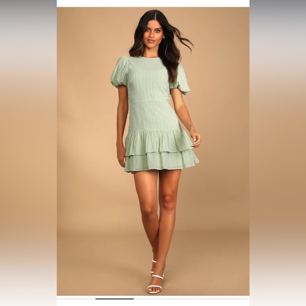 Lulu’s “Got the Frills” Sage Green Lace-Up Puff Sleeve Mini Dress Size S